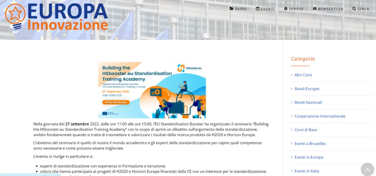 Europa Innovazione | Building the HSbooster.eu Standardisation Training Academy